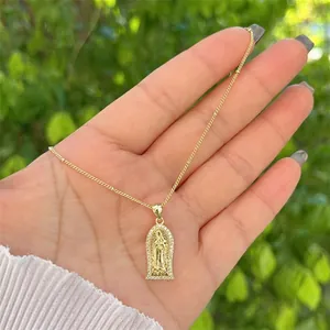 18K gold plated Virgin Mary necklace with sparkling cubic zirconia pendant on beaded chain