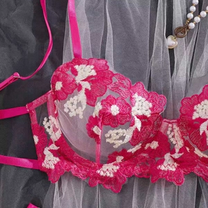 Detailed embroidery on rose red lace bra with delicate white floral patterns and mesh
