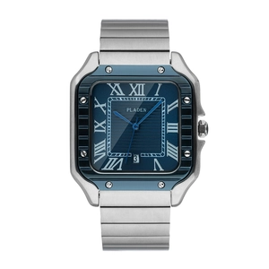 Classic silver stainless steel square watch for men with deep blue dial and calendar