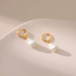 French style baroque pearl hoop earrings with 18k gold plating on warm textured base