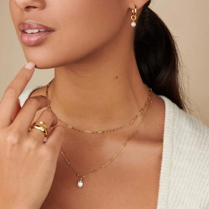 Layered 18K gold plated titanium necklaces with rectangular birthstone pendant and earrings
