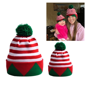 Christmas Elf Knitted Hat Striped Acrylic Beanie With Green Pom Pom Parent Child Winter Warm Holiday Accessories