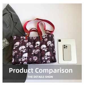 Top view of large skull print tote bag with quilted details and red canvas straps