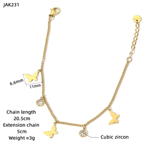 Detailed view of golden stainless steel butterfly anklet with cubic zirconia and measurements