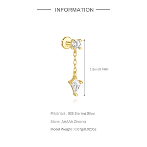 Vue détaillée du clou d'oreille en argent S925 avec pampille et zircon géométrique