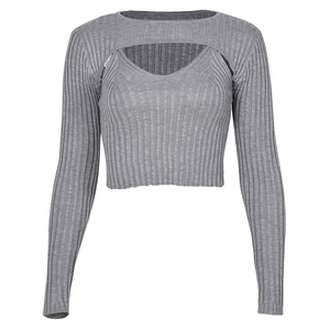 Close-up of gray ribbed knit two-piece set featuring a halter top and long sleeve shrug