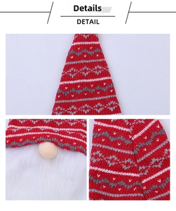 Close-up of knitted Christmas gnome bottle topper showing red jacquard fabric and white fur