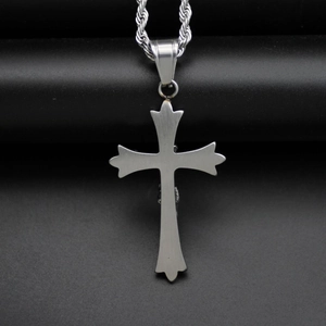 Classic vintage stainless steel Jesus cross pendant with twisted rope chain in silver finish
