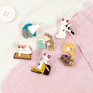 Set of funny cartoon cat and polar bear enamel pins for clothes and bag decoration