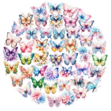 Detailed view of colorful butterfly PET stickers with transparent waterproof finish