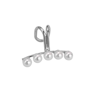 Minimalist silver ear bone cuff featuring five round white pearls in a curved row