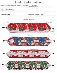 Détails des dimensions et quatre motifs de Père Noël brodés sur le chemin de table tricoté