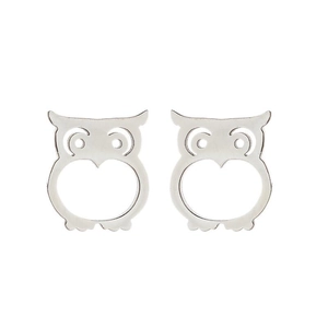 Detailed view of silver owl stud earrings with minimalist cutout design on white background