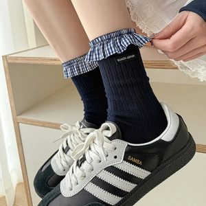 Japanese style navy blue knit socks featuring elegant plaid frill lace and bow details