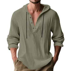 Close-up of linen hooded shirt with V-neck button placket and natural texture