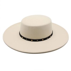 Vintage beige flat top wool felt hat with a wide brim and studded decorative band