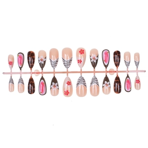 French leopard and zebra print press-on nails with 3D pink floral designs, 24 piece set