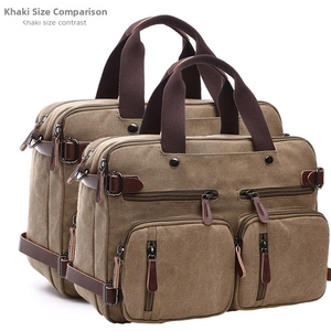 Detailed comparison of large and small khaki canvas briefcases showing size differences
