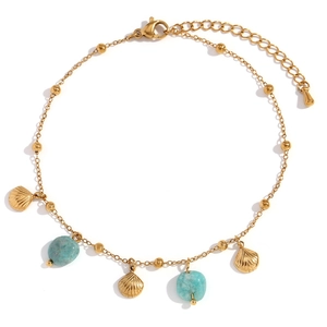 18K gold plated stainless steel anklet with turquoise stone beads and seashell charms