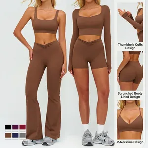 Set yoga marrone da donna con top a V allacciato al collo e pantaloni a zampa