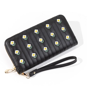 Long black PU leather wallet for women with daisy floral embroidery and wrist strap