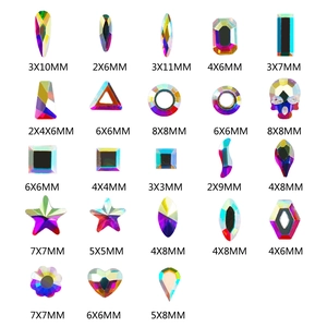 Detailed size chart of K9 glass AB crystal rhinestones in various geometric shapes