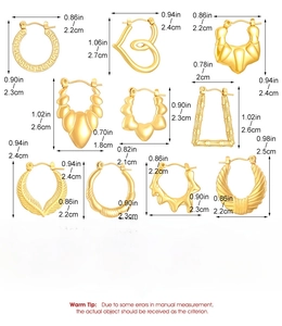 Detailed size guide for various geometric stainless steel stud earrings in inches and cm