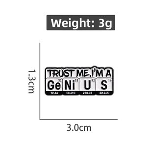 Detail showing scientific GeNiUS enamel pin with chemical symbols, 3.0cm size and 3g weight