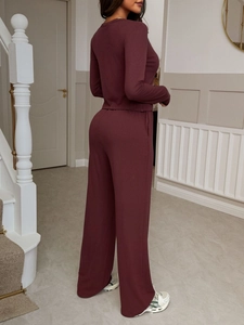 Burgundy long sleeve shirt and wide leg trousers two-piece set for women's casual wear