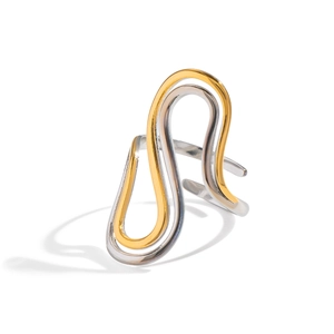 Detailed view of the wavy two-tone irregular polished geometric open ring in gold and silver