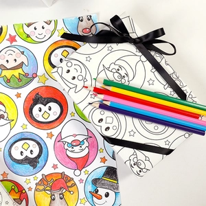 Christmas kraft paper coloring set with Santa patterns and colored pencils for DIY gifts