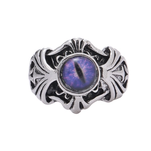 Gothic vintage evil eye ring in silver finish with purple cat eye stone detail