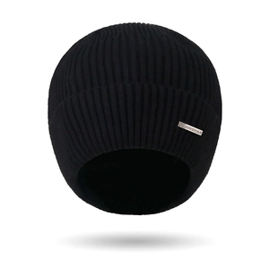 Black winter knit beanie with ear protection and ribbed texture for men skiing