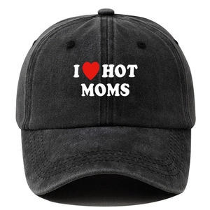 Classic washed black baseball cap featuring I Love Hot Moms print on a white background