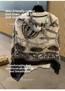 Detail of bohemian retro scarf with vintage chain patterns and breathable cotton-linen fabric