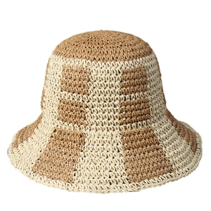 Women's woven straw sun hat with beige color block pattern and breathable mesh texture