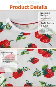 Detail of white cotton girls top showing ribbed neckline and red strawberry print patterns