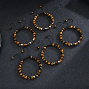 Set of 5 adjustable tiger eye stone beaded bracelets with woven rope and metal accents