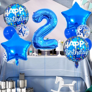 Blue 2nd birthday balloon set with number 2 foil and Happy Birthday star balloons