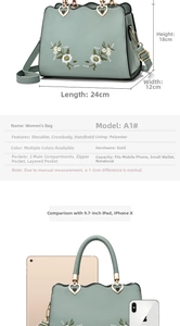 Detailed size guide of embroidered soft leather tote showing dimensions and compartments