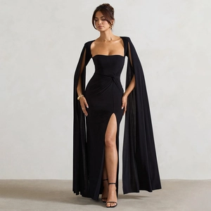 Elegant black square neck maxi dress with long split sleeves and high side slit