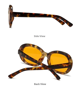 Side and back view of retro oval tortoise shell sunglasses with orange lenses and rivet detail