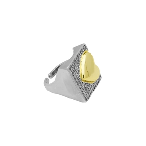 Detail of two-tone open ring with diamond-encrusted rhombic face and golden heart