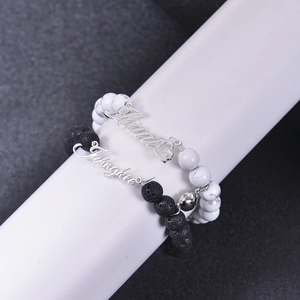 Natural white turquoise and volcanic stone couple bracelets with magnetic heart and name plates
