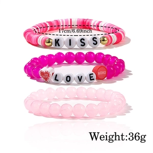 Three-piece Valentine heart bracelet set with LOVE KISS XOXO beads 17cm long