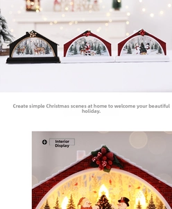 Close-up of LED Christmas cabin lanterns with reindeer and snowman festive scenes