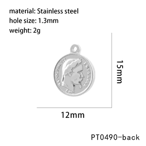 Detail view of 15mm Napoleon coin pendant in silver stainless steel with technical specs