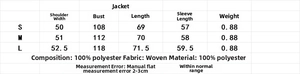 Maattabel voor suède damesblazer met schouder-, borst-, lengte- en mouwafmetingen