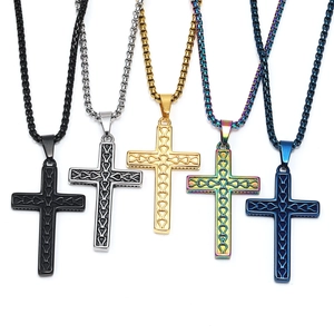 Men's retro stainless steel cross pendant necklaces in black silver gold and blue colors