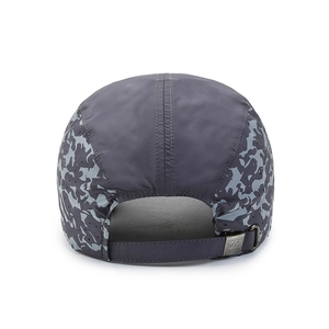 Rear view of quick-dry baseball cap in dark grey with camouflage texture and metal buckle